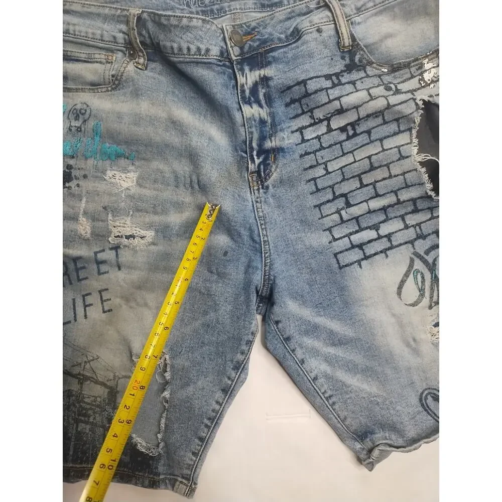 🔥 Rutherford • Distressed Graffiti Denim Slim Fit Blue Jeans Shorts • Men’s 38